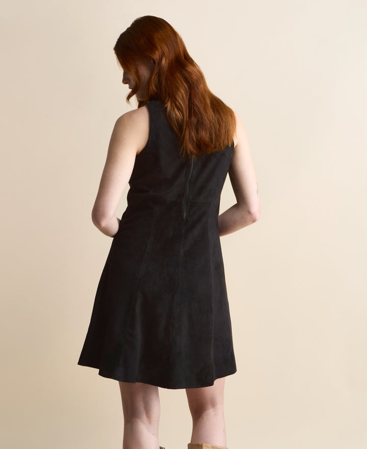 Back view of Helene women’s black suede dress with clean seam detailing