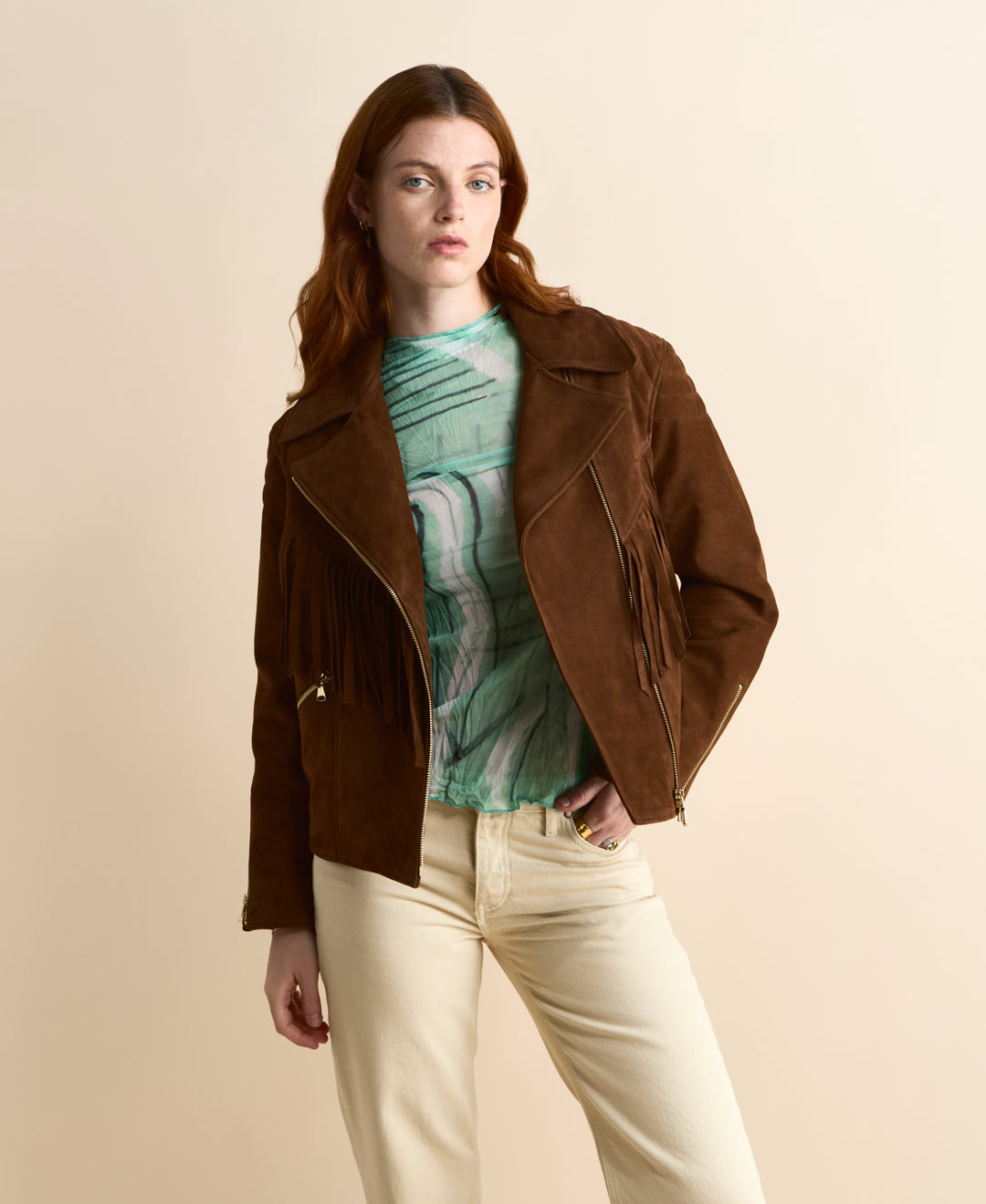 Women’s brown fringe suede jacket in chestnut – Lara 100% British premium suede