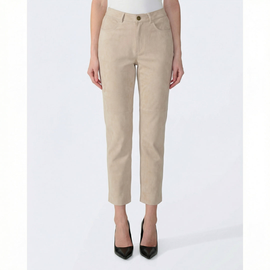 Serena women's beige suede pants front view high waisted straight leg fit