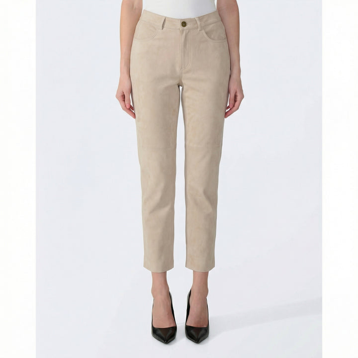 Serena women's beige suede pants front view high waisted straight leg fit