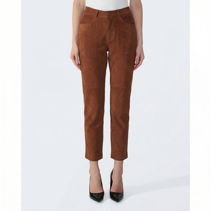 Harper women's brown suede pants front view high waisted tailored fit