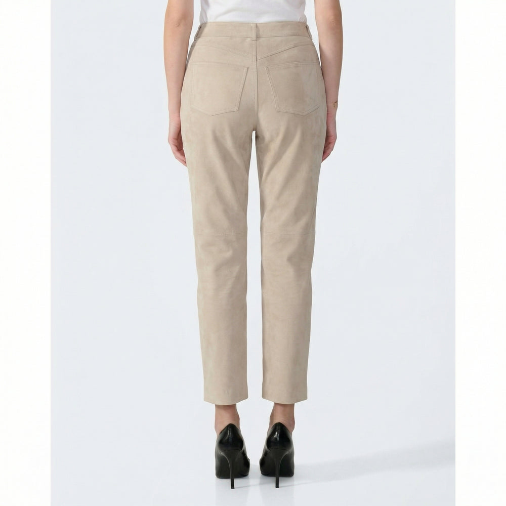 Back view of Serena women's beige suede pants tailored straight leg silhouette