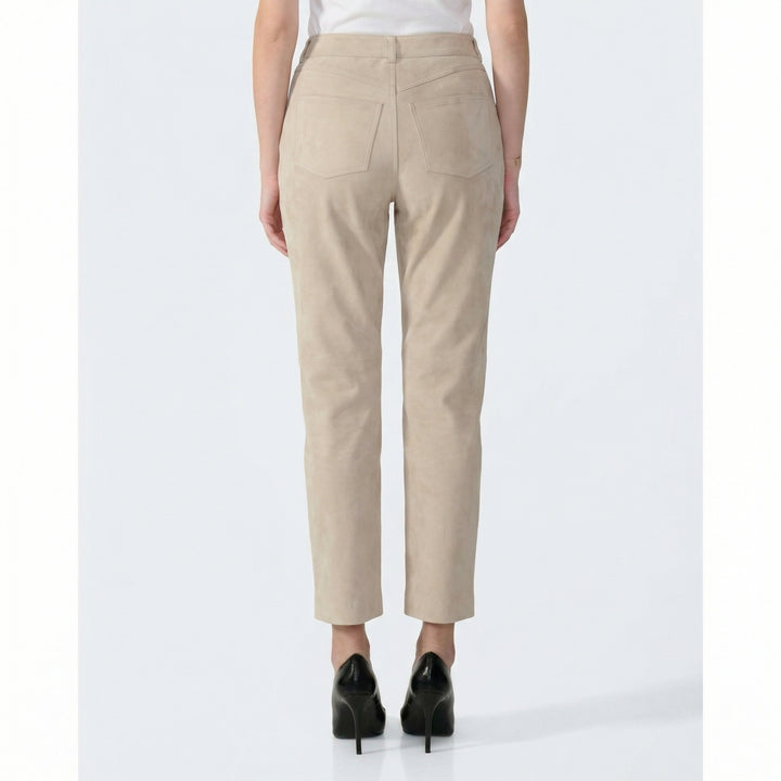 Back view of Serena women's beige suede pants tailored straight leg silhouette