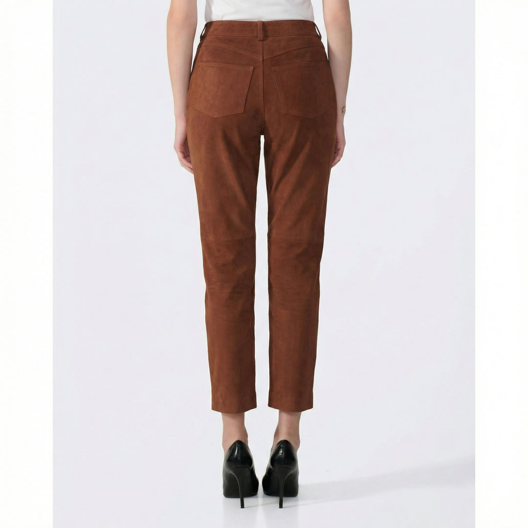 Back view of women's brown suede pants in chestnut premium suede