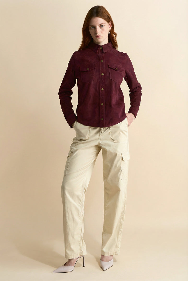 Juliet women’s burgundy suede shirt full-length front view in 100% British premium suede
