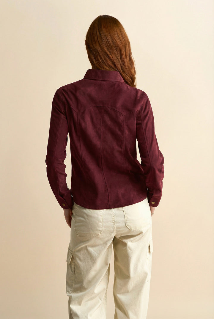 Back view of Juliet women’s burgundy suede shirt with tailored seam detailing