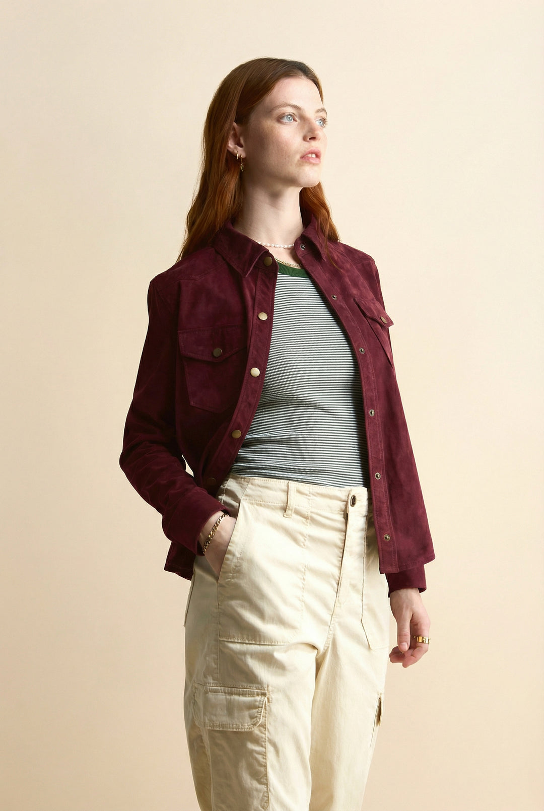 Juliet women’s burgundy suede shirt worn open as lightweight suede jacket layer