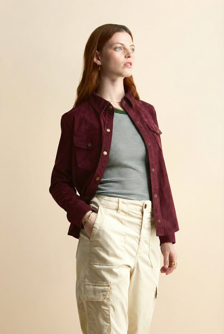 Juliet women’s burgundy suede shirt worn open as lightweight suede jacket layer
