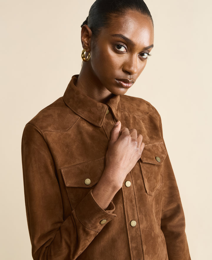 Close-up of chestnut brown suede shirt with snap-button closure – soft premium suede texture