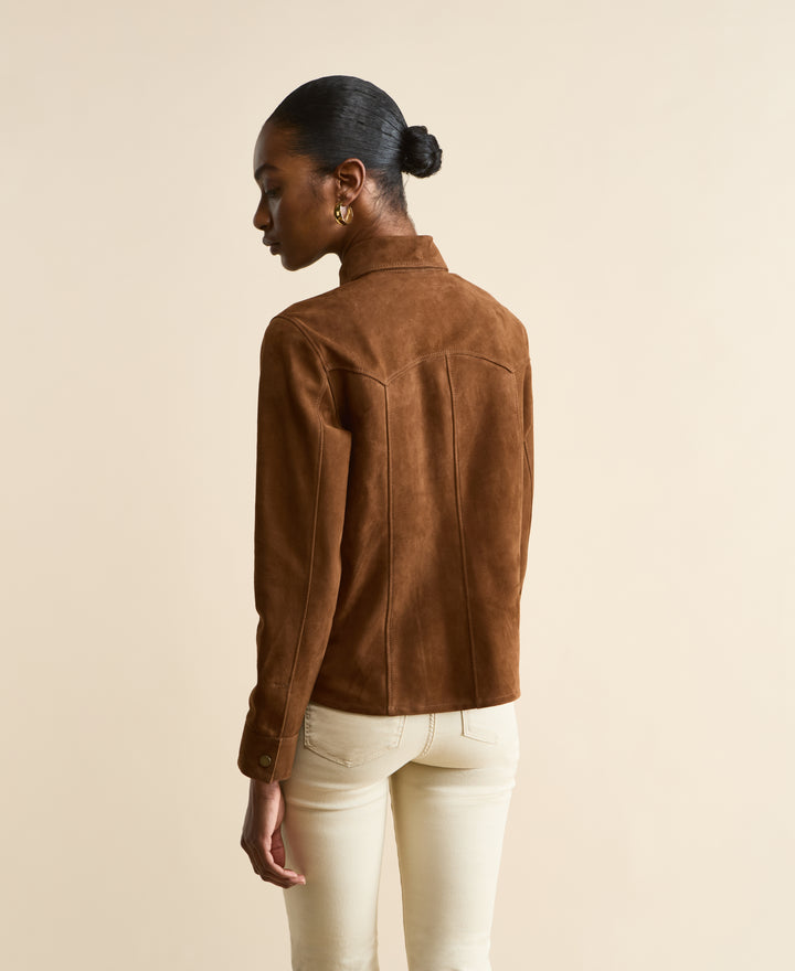 Back view of Juliet women’s suede shirt in chestnut brown – clean tailored lines