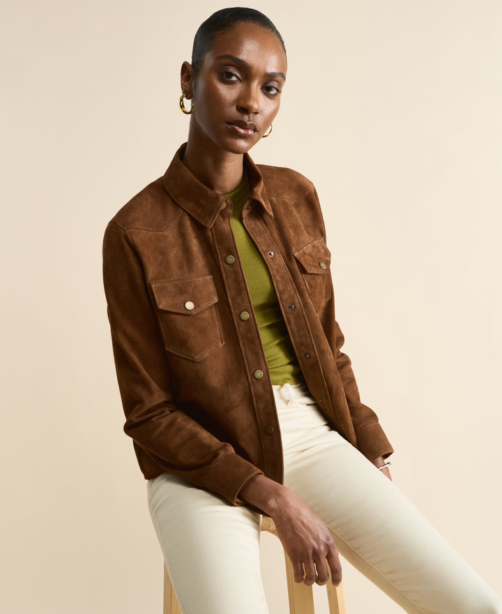 Women’s chestnut brown suede shirt styled open as lightweight jacket – versatile layering piece