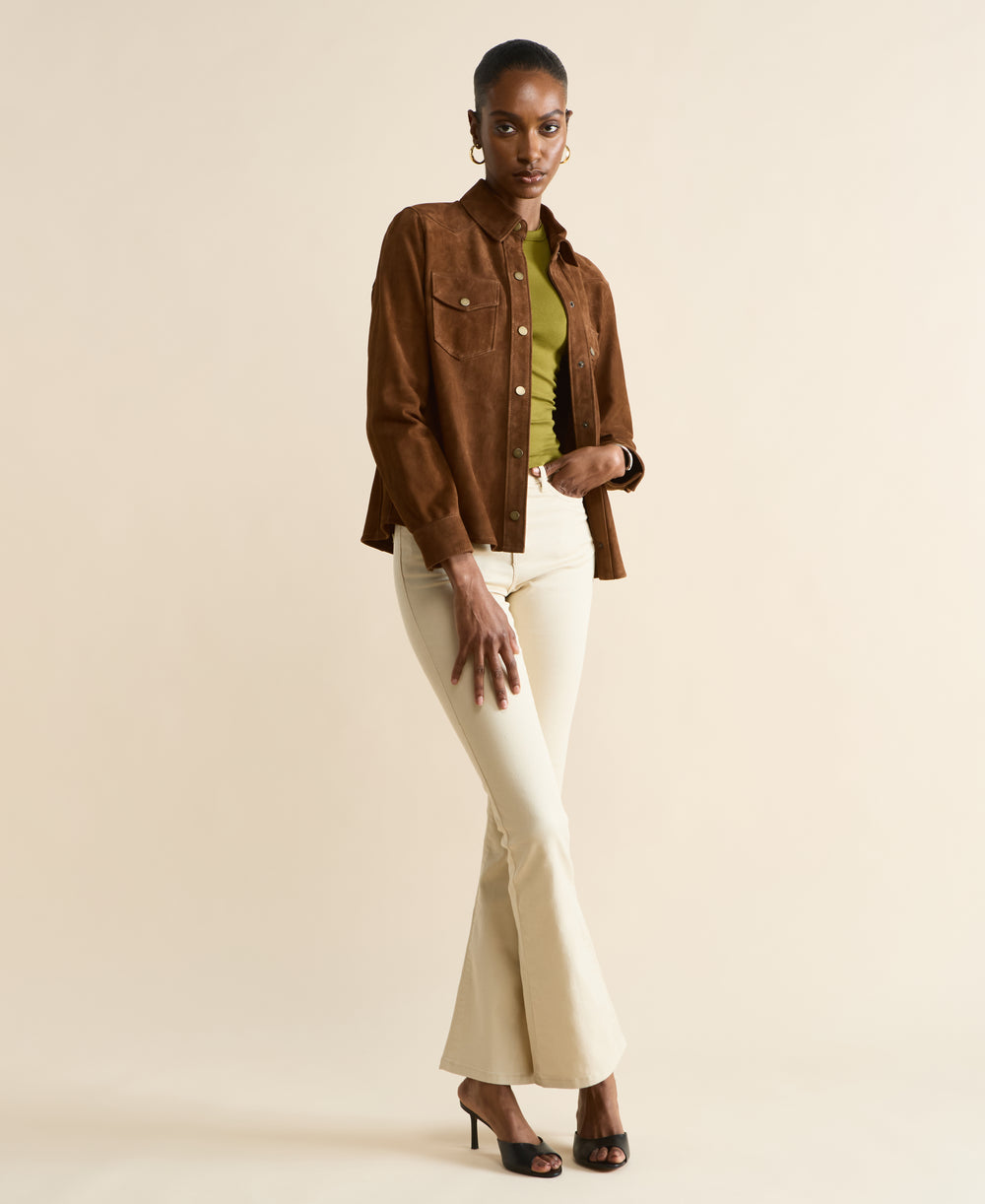 Juliet women’s chestnut brown suede shirt paired with neutral pants – modern elevated everyday wear