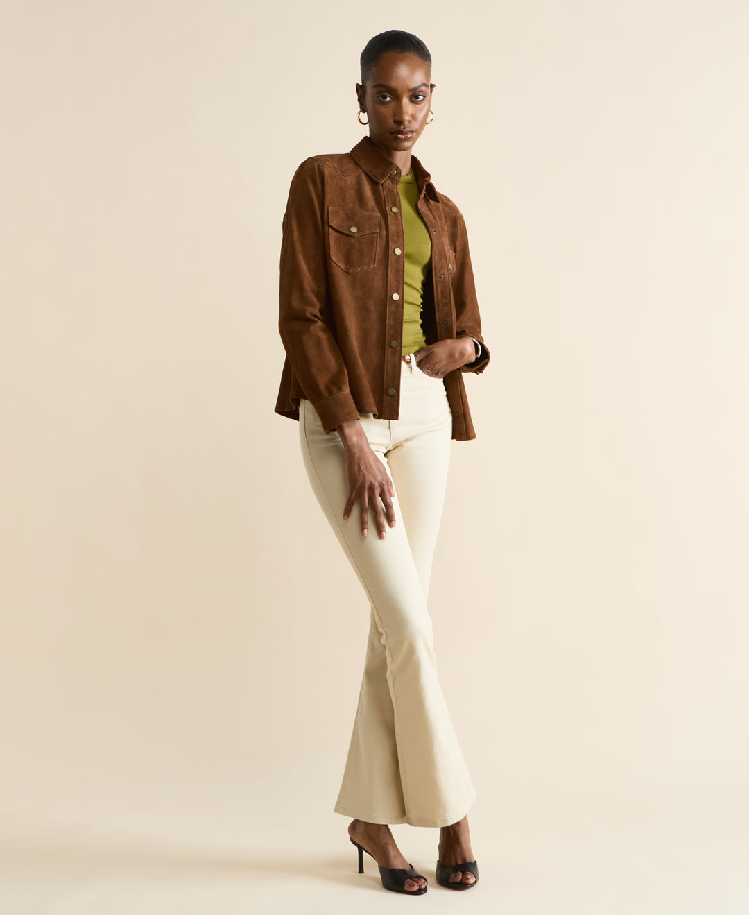 Juliet women’s chestnut brown suede shirt paired with neutral pants – modern elevated everyday wear