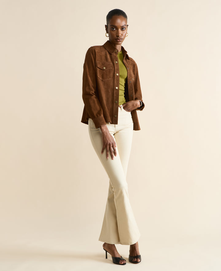 Juliet women’s chestnut brown suede shirt paired with neutral pants – modern elevated everyday wear