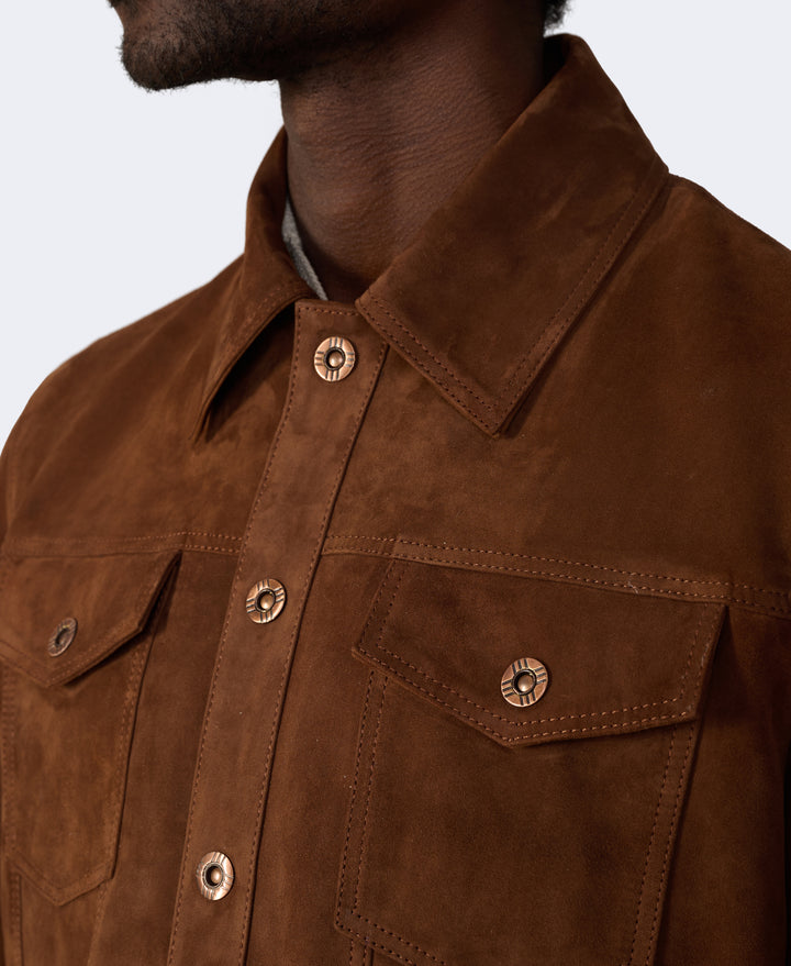 Brown suede jacket with gold buttons on a light gray background