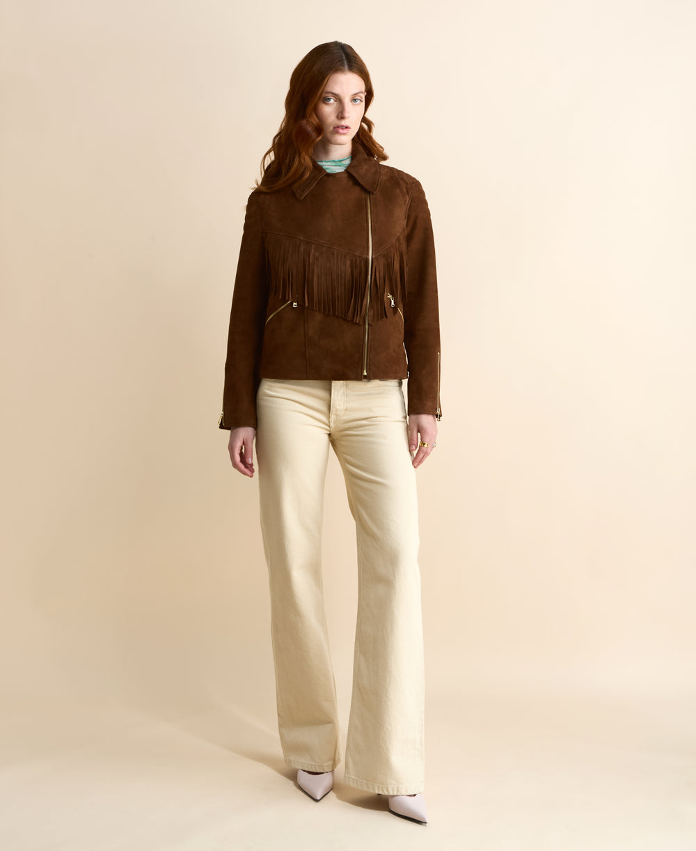 Chestnut brown women’s suede biker jacket with fringe detailing
