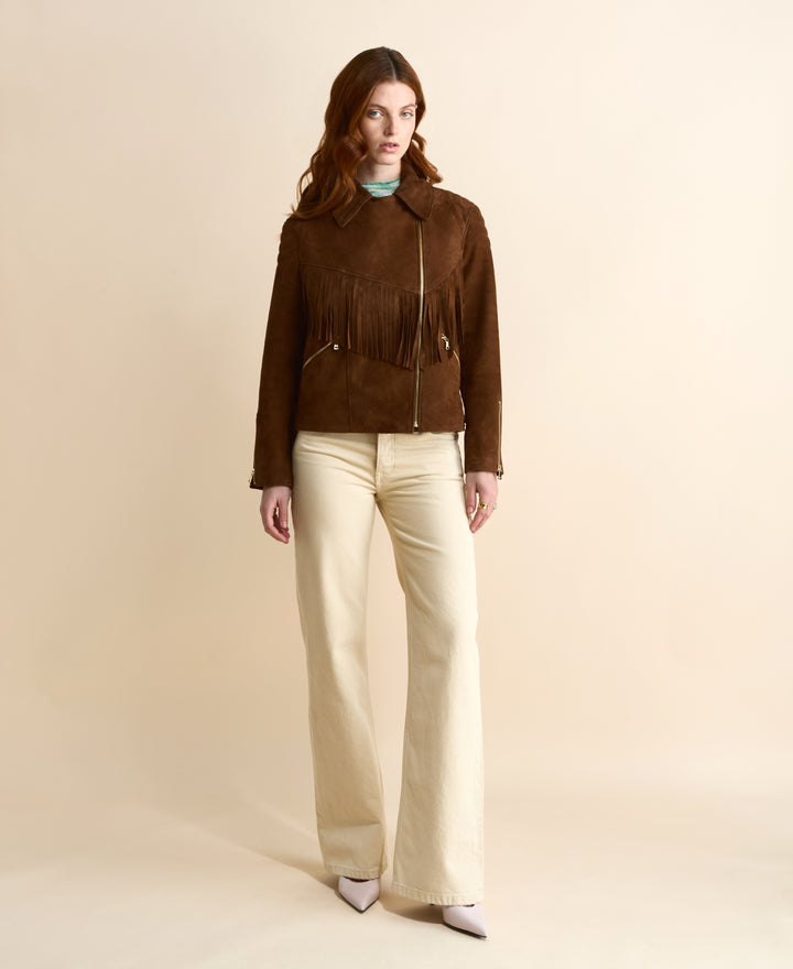Chestnut brown women’s suede biker jacket with fringe detailing
