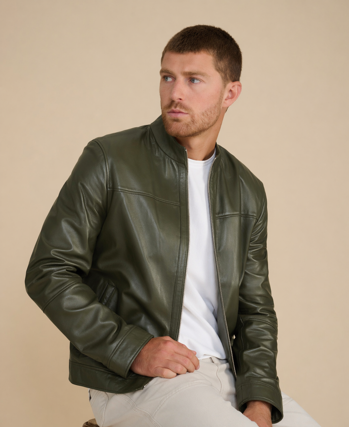Otis Racer Khaki Leather Jacket