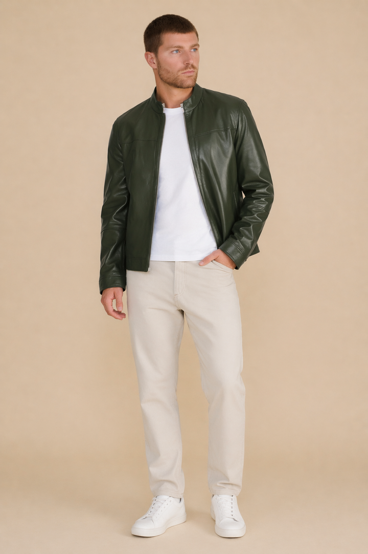 Otis Racer Khaki Leather Jacket