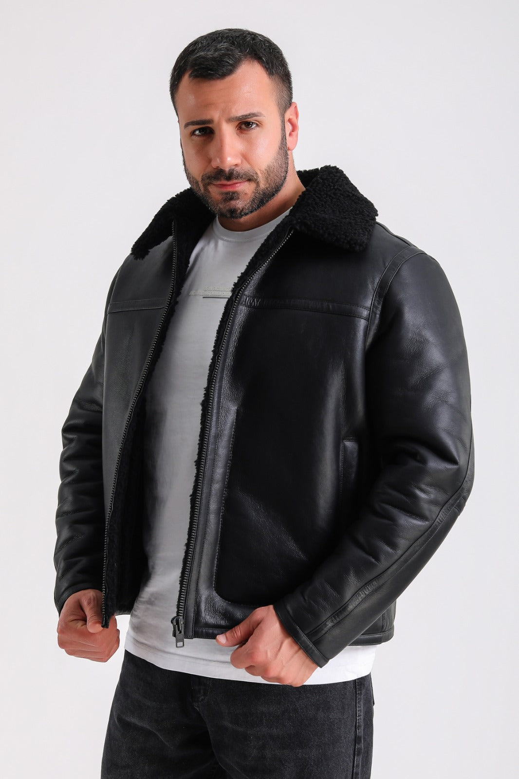 Men's Leather Shearling Jacket, Black