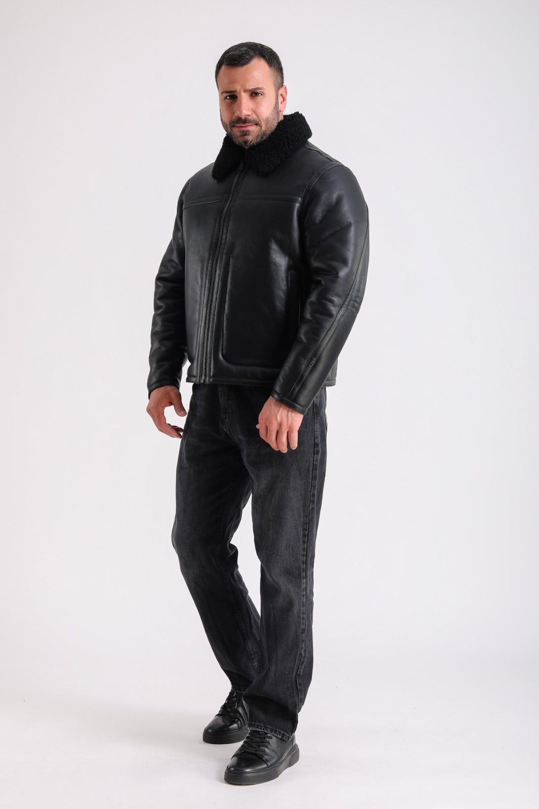 Men's Leather Shearling Jacket, Black