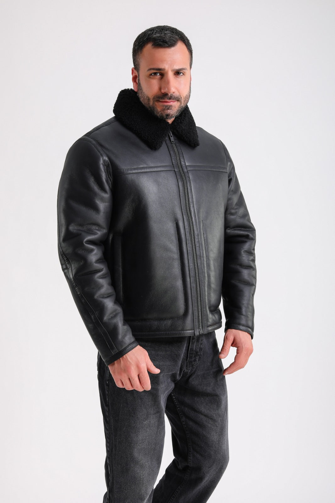 Men's Leather Shearling Jacket, Black