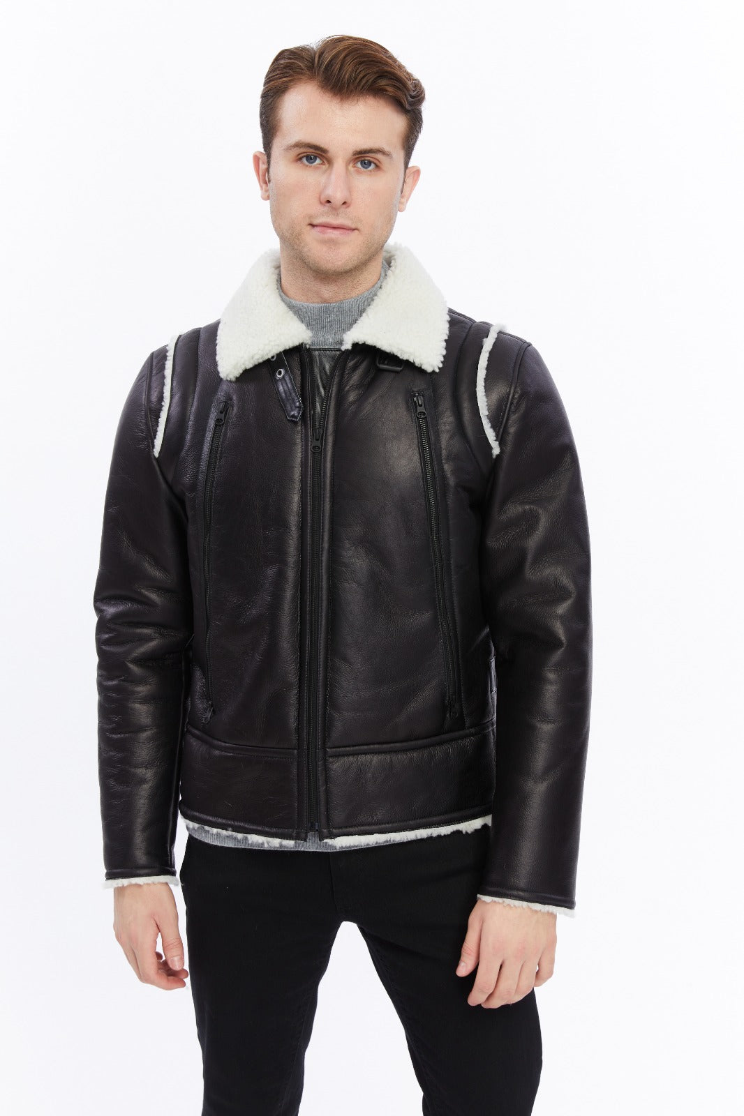 Premium Black Leather Jacket with Sheepskin-Like Interior - British Craftsmanship