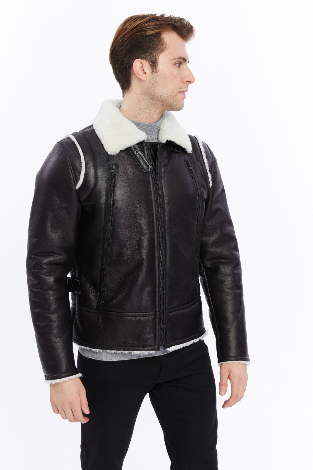 Premium Black Leather Jacket with Sheepskin-Like Interior - British Craftsmanship