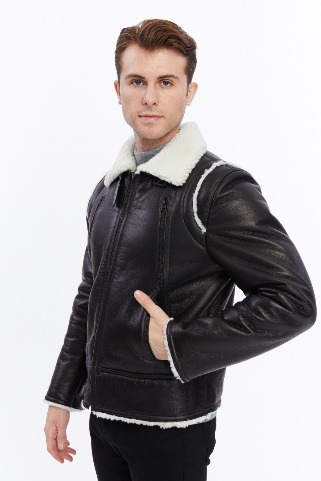 Premium Black Leather Jacket with Sheepskin-Like Interior - British Craftsmanship