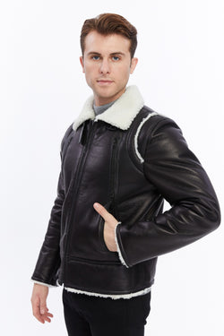 Image of Premium Black Leather Jacket with Sheepskin-Like Interior - British Craftsmanship