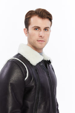 Image of Premium Black Leather Jacket with Sheepskin-Like Interior - British Craftsmanship