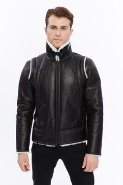 Image of Premium Black Leather Jacket with Sheepskin-Like Interior - British Craftsmanship