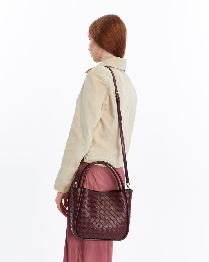 Portland Burgundy Woven Leather Top Handle Bag