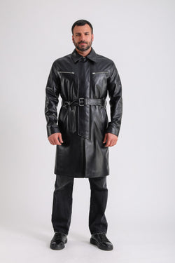 Image of Men's Leather Trench Coat, Black