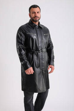 Image of Men's Leather Trench Coat, Black