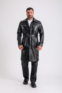 Image of Men's Leather Trench Coat, Black