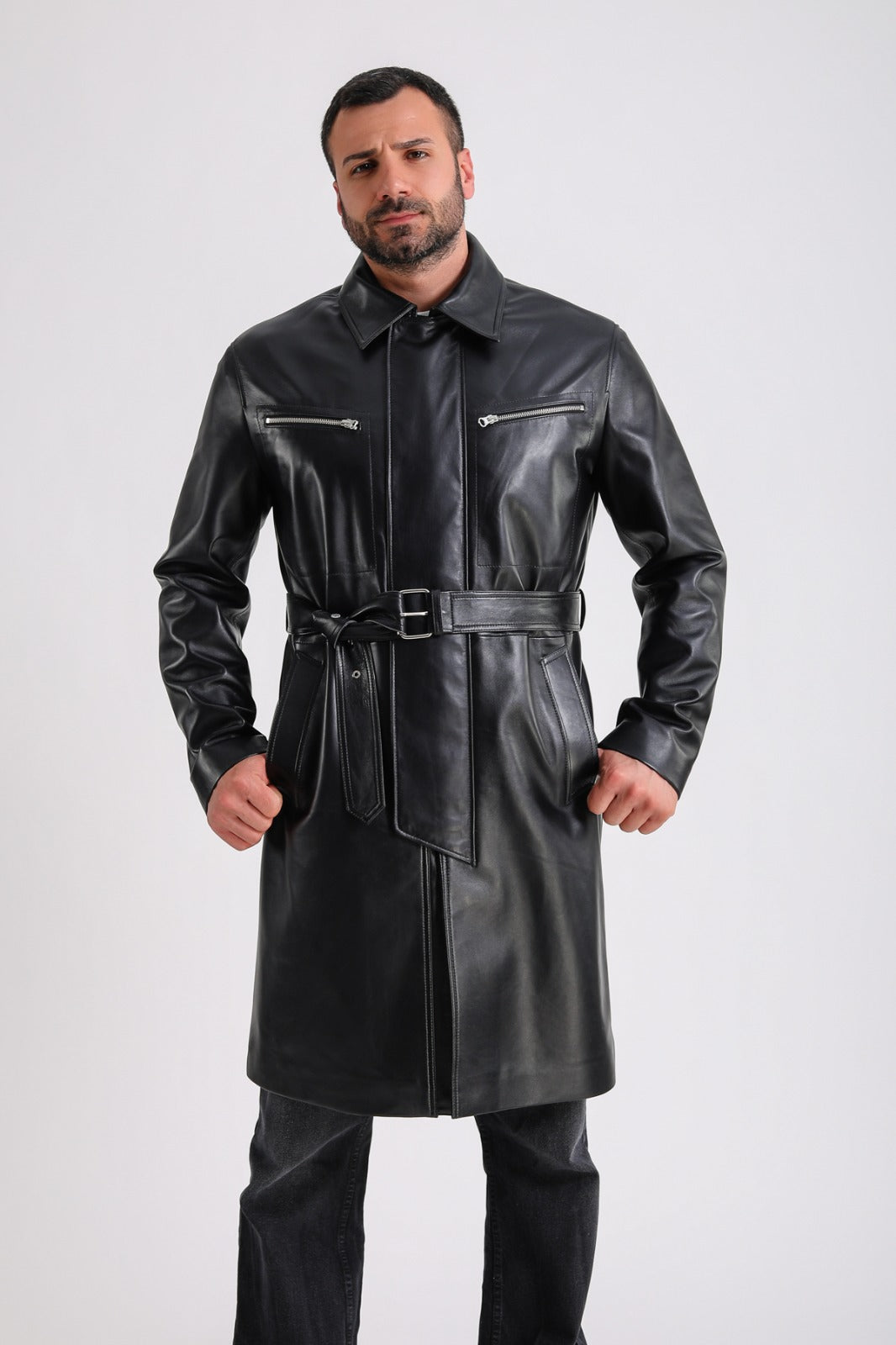 Men's Leather Trench Coat, Black