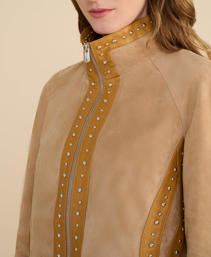 Tan suede studded zip jacket