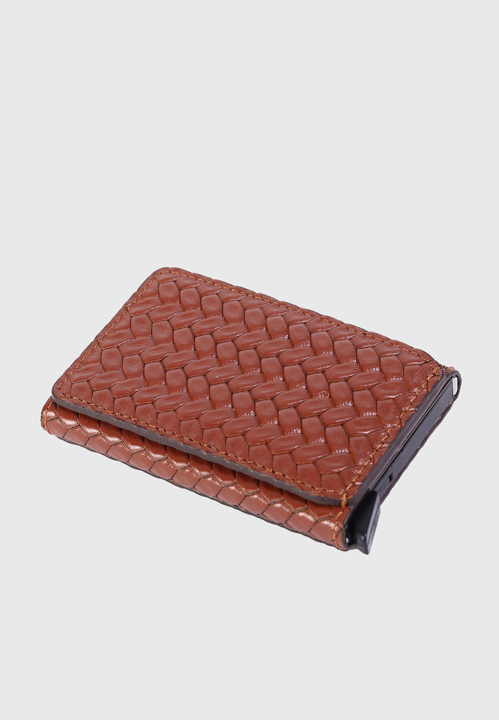 Tan woven genuine leather card holder