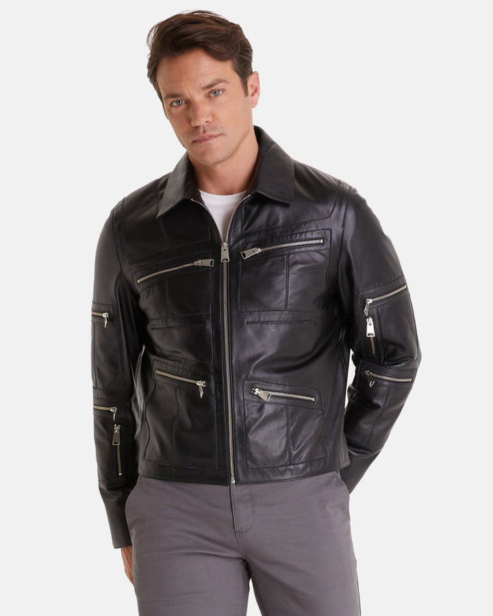 Man wearing black leather jacket
