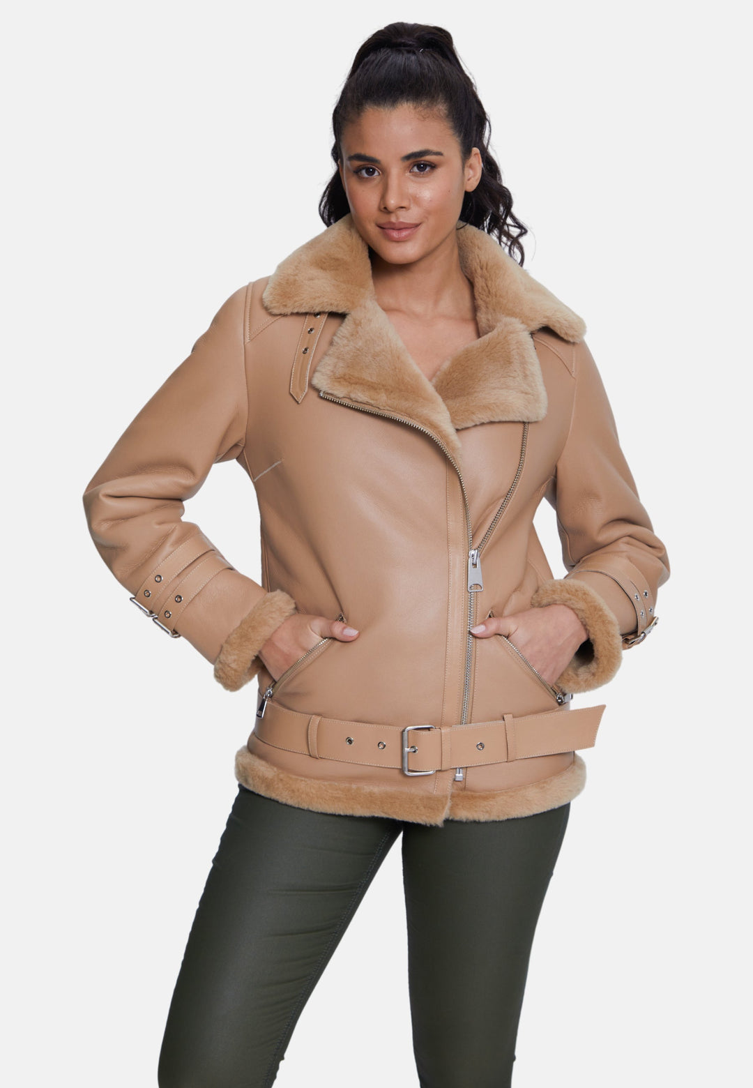 Woman wearing tan sheepskin jacket