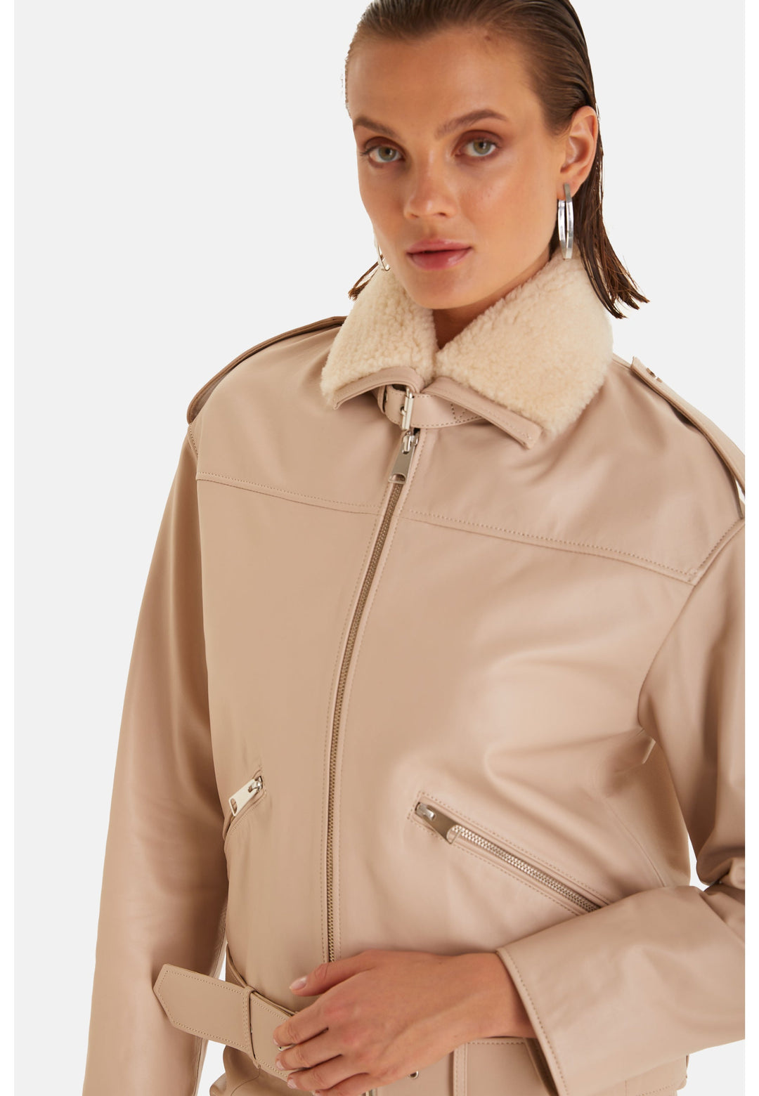 Beige shearling-collar leather jacket