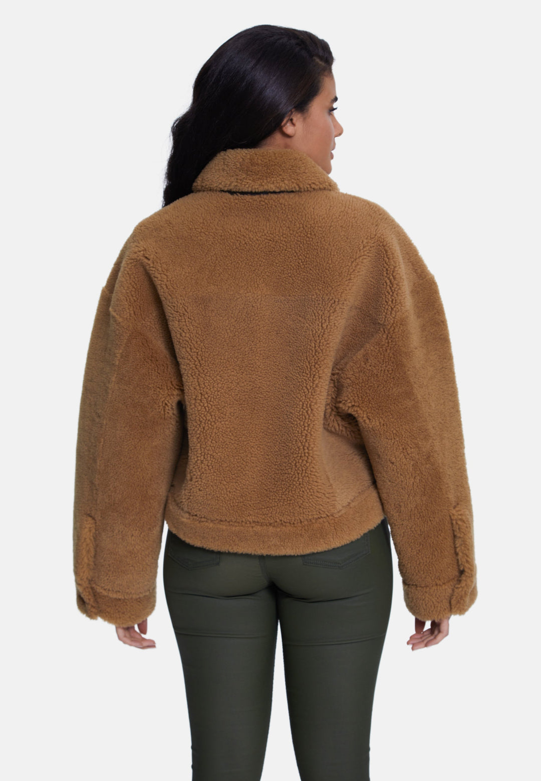 Camel teddy jacket on model