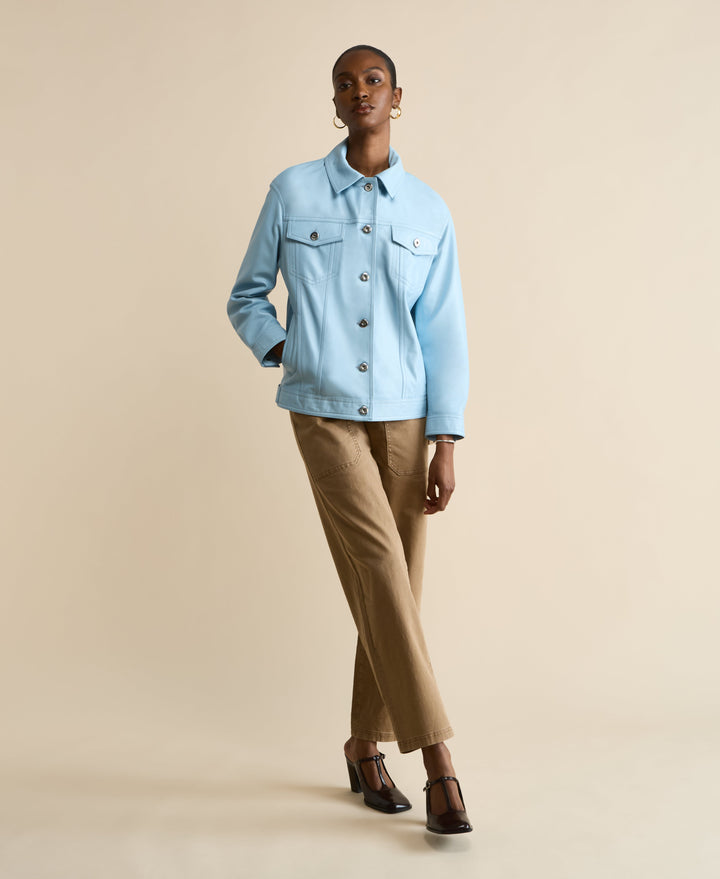 Light blue shirt jacket on model