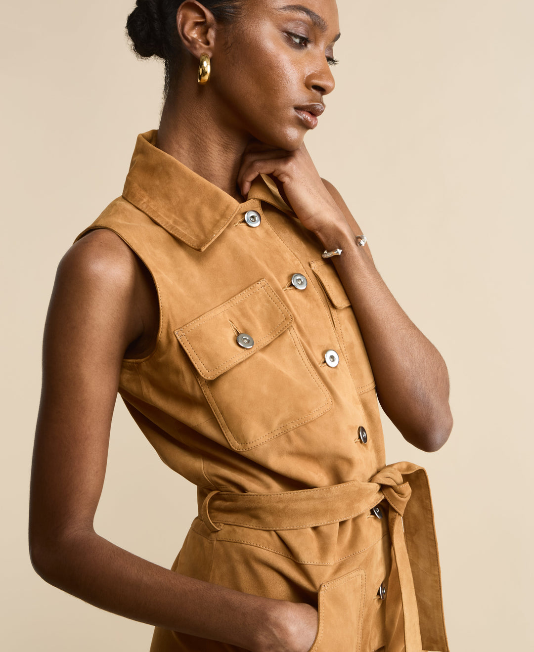 Tan suede sleeveless belted romper