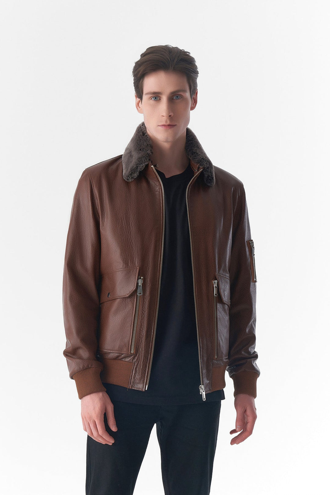 Man wearing brown leather jacket