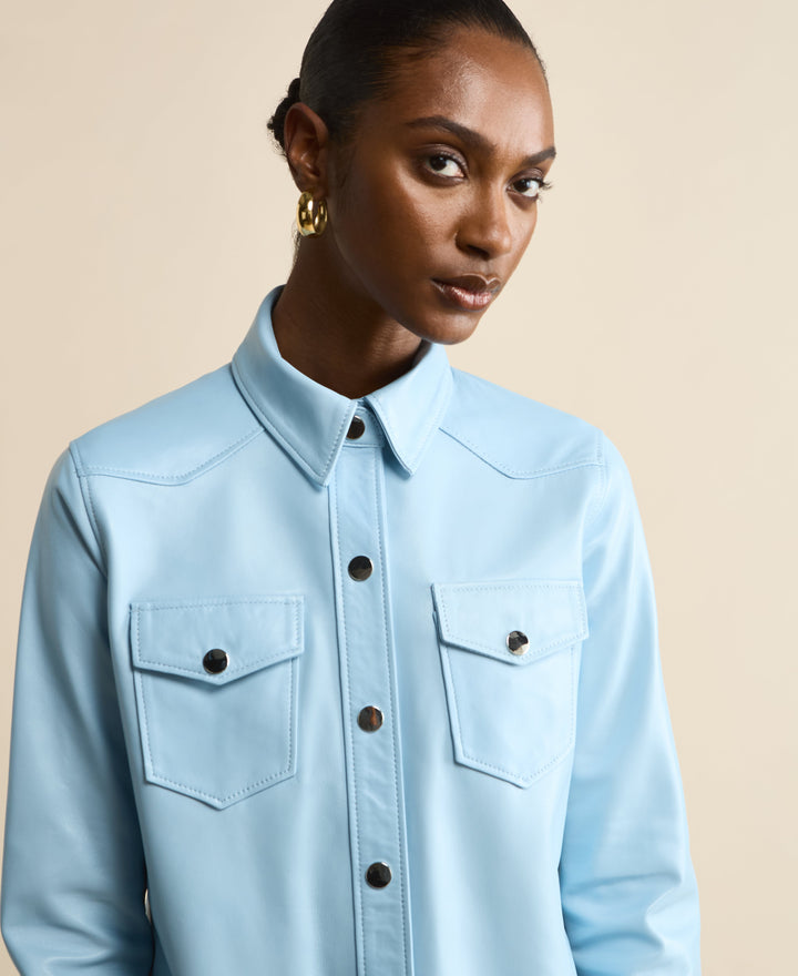 Light blue leather shirt jacket