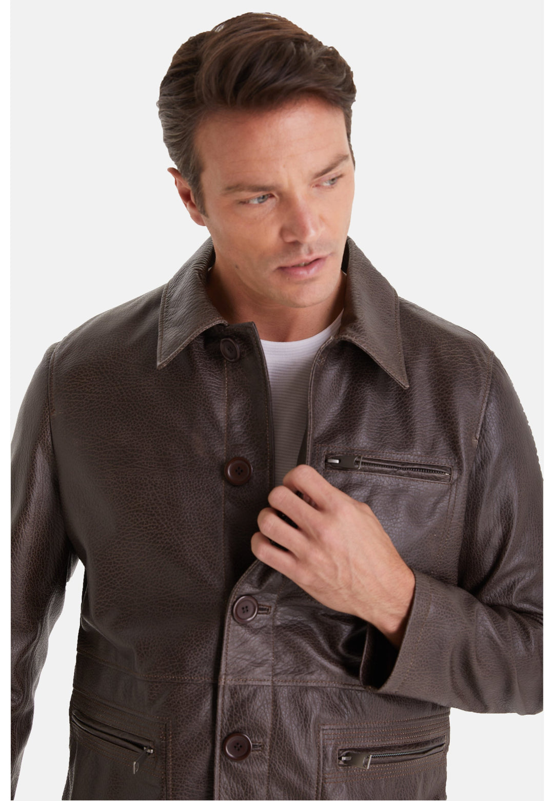 Man wearing brown leather jacket
