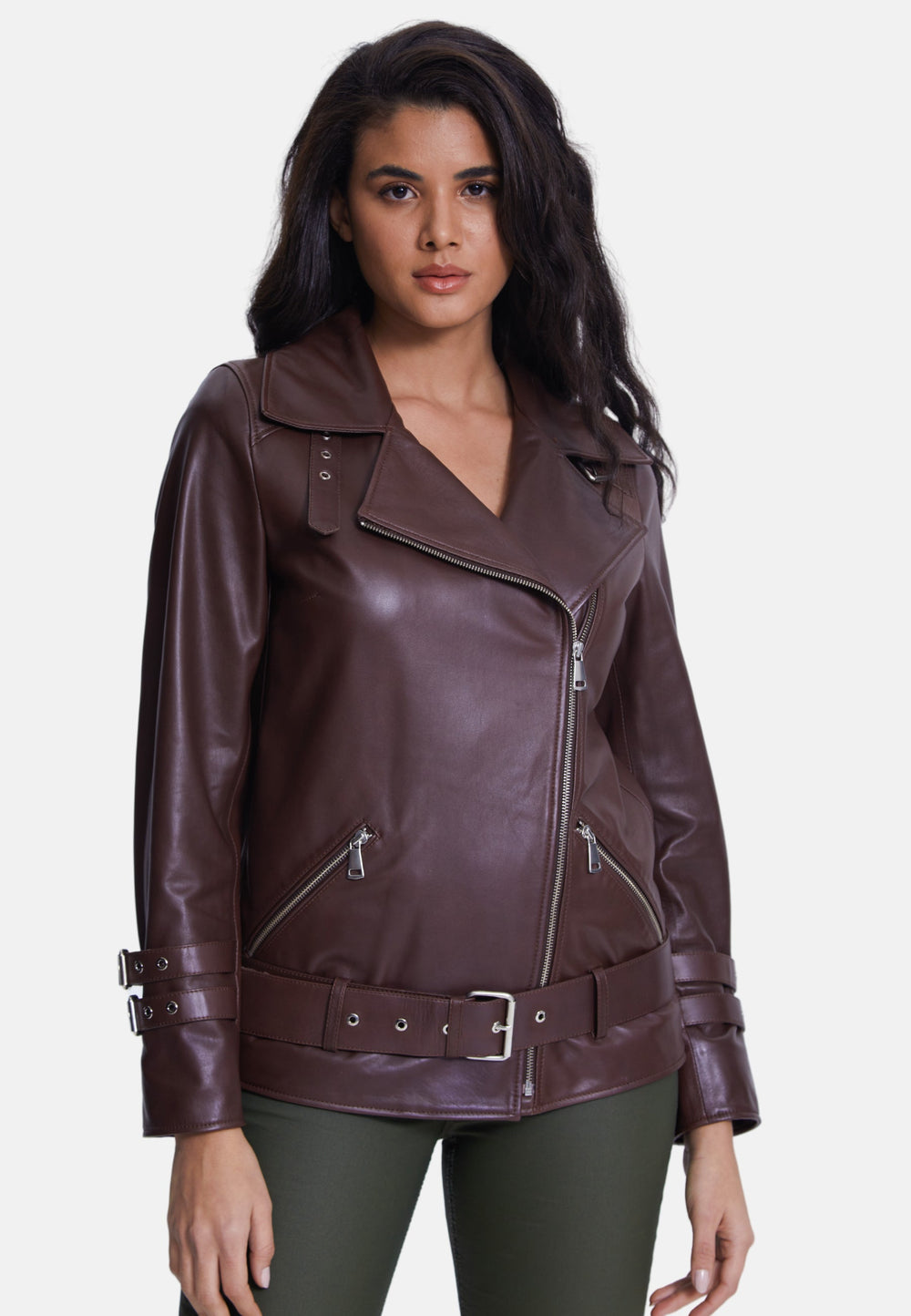 Woman wearing brown leather biker jacket