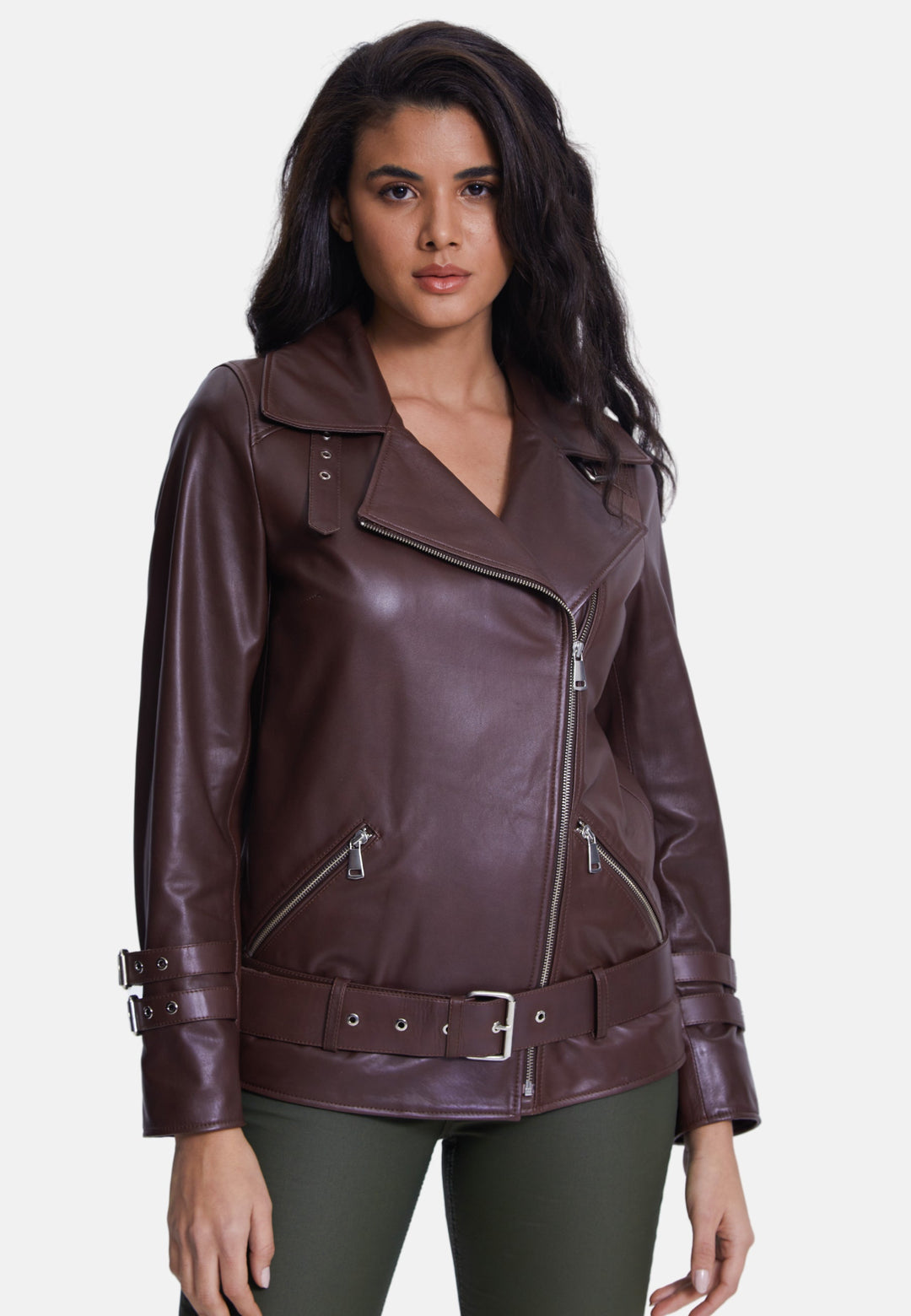 Woman wearing brown leather biker jacket
